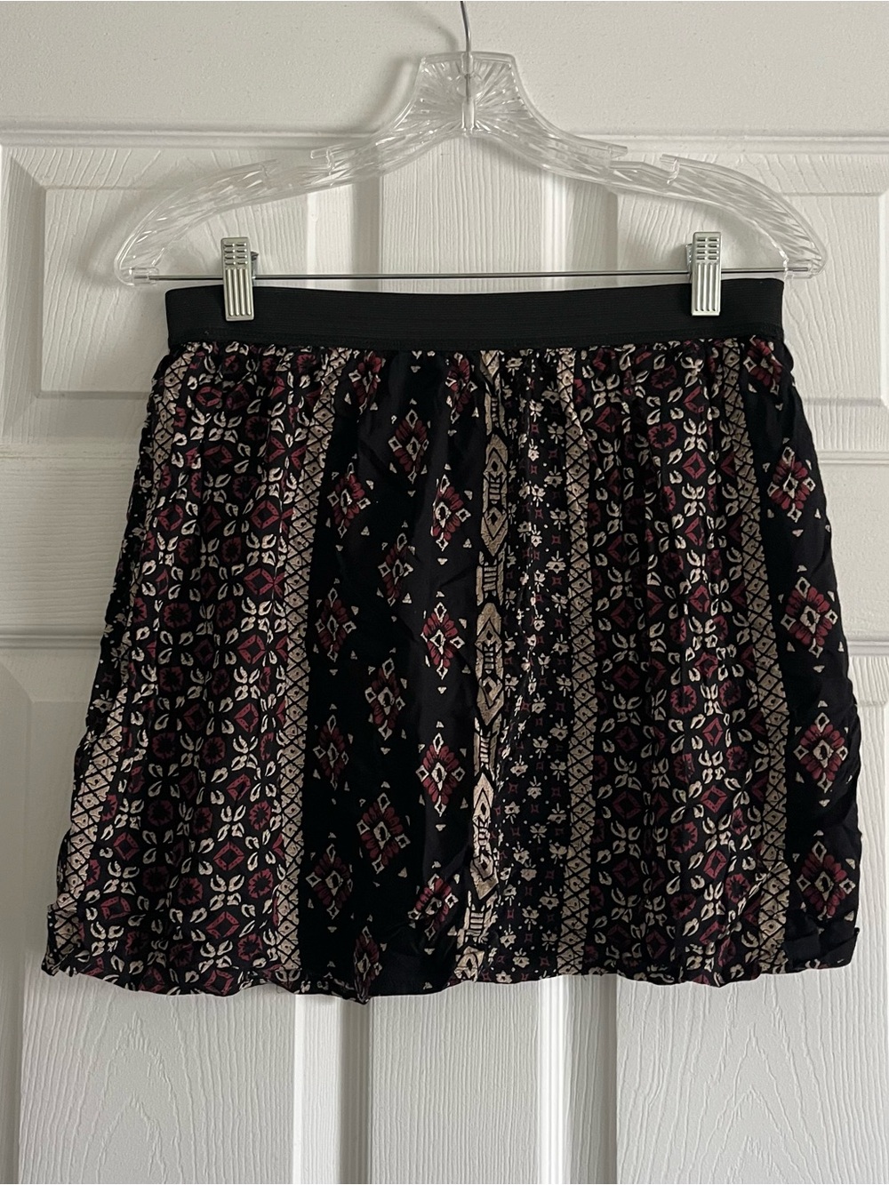 Geometric Boho Mini Skirt in Black with Pink and Cream Print